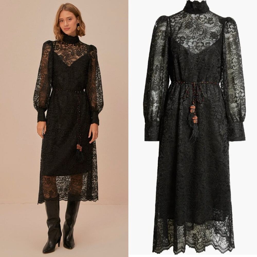 Farm Rio Lace Tie Belt Long Sleeve Dress S